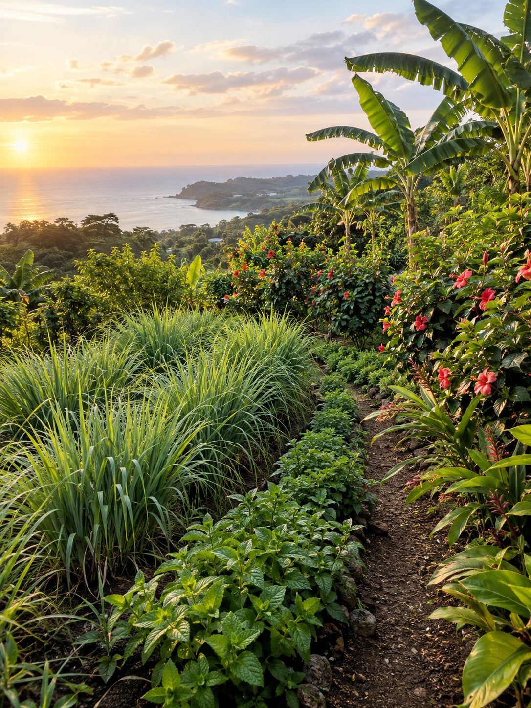 Rows of lemongrass, mint and hibiscus on a hillside above the sea
