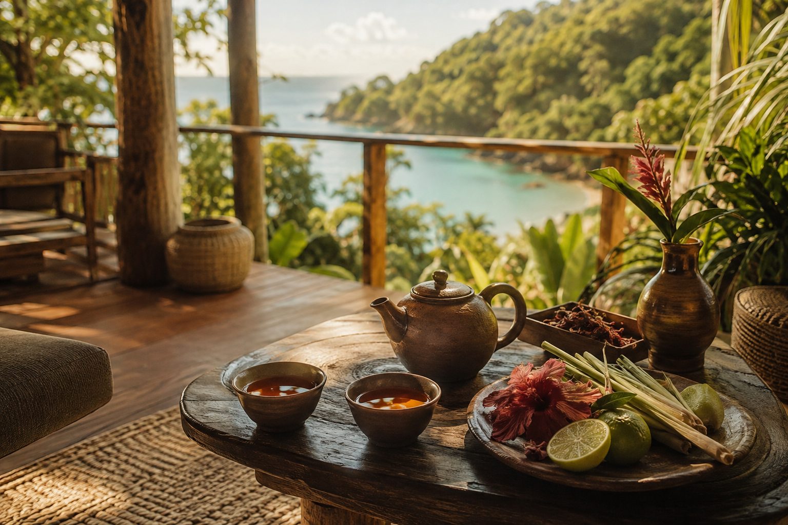A tea table on a shaded veranda above the Caribbean Sea in Roatan