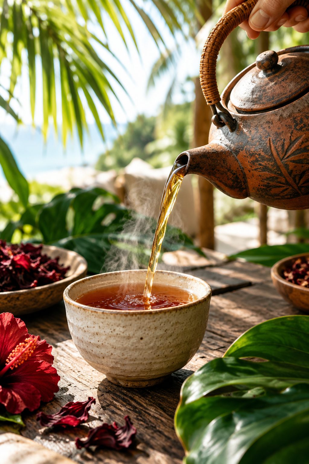 Amber tea being poured from a clay teapot into a handmade cup