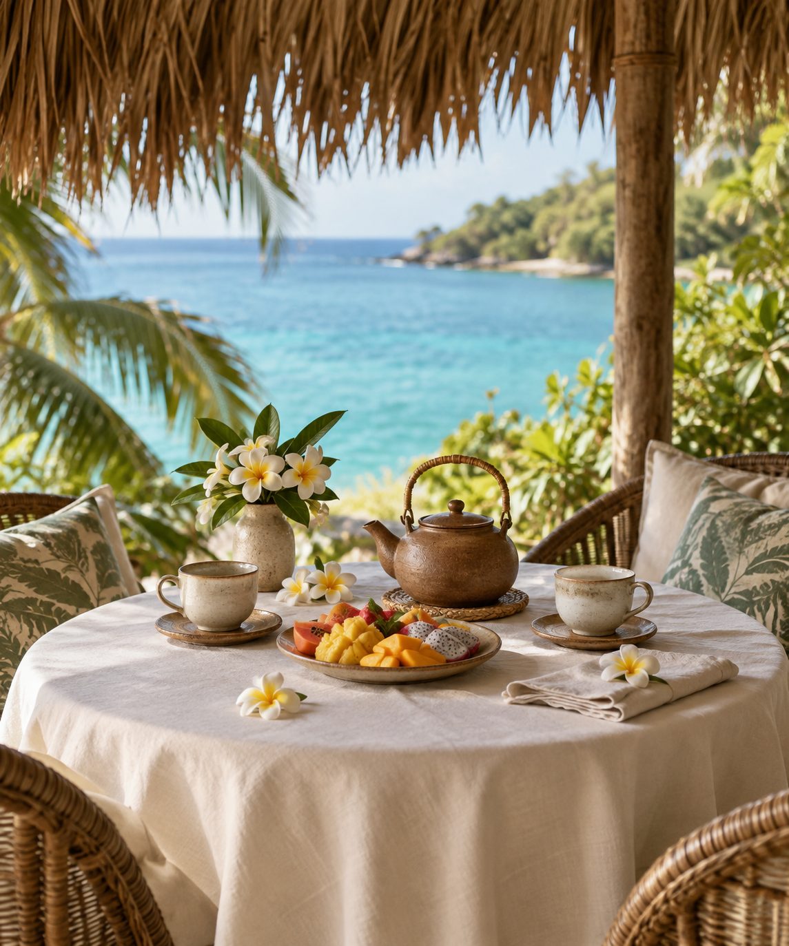 A private tea table for two under a shaded palapa