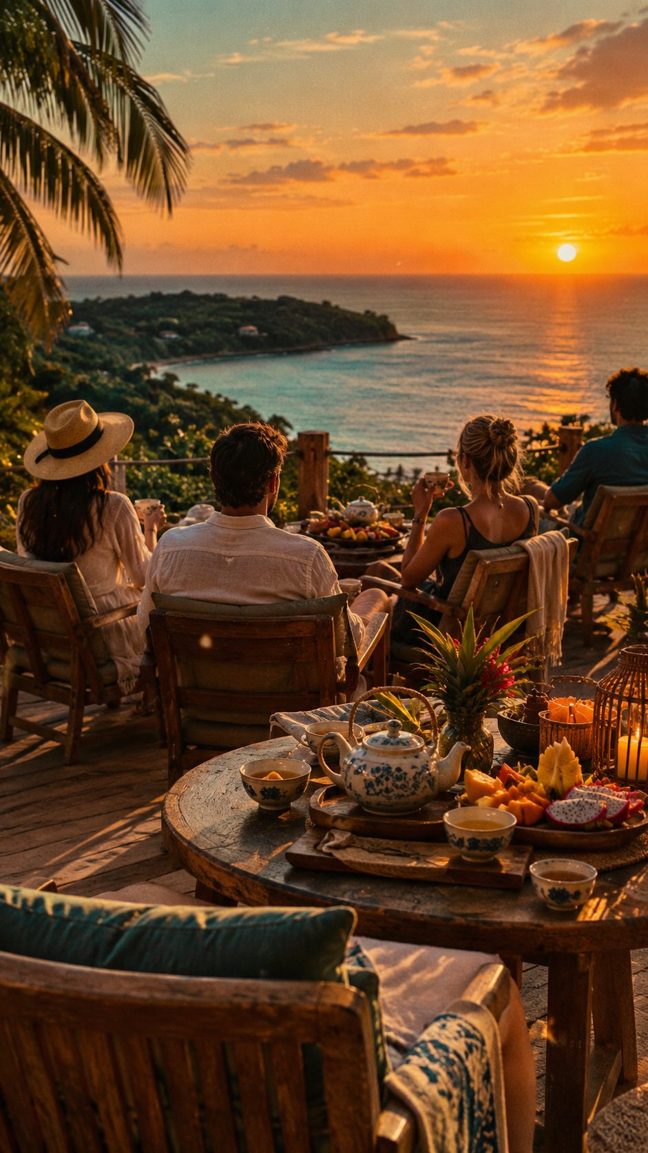 Guests at a sunset tea tasting on a wooden terrace by the sea